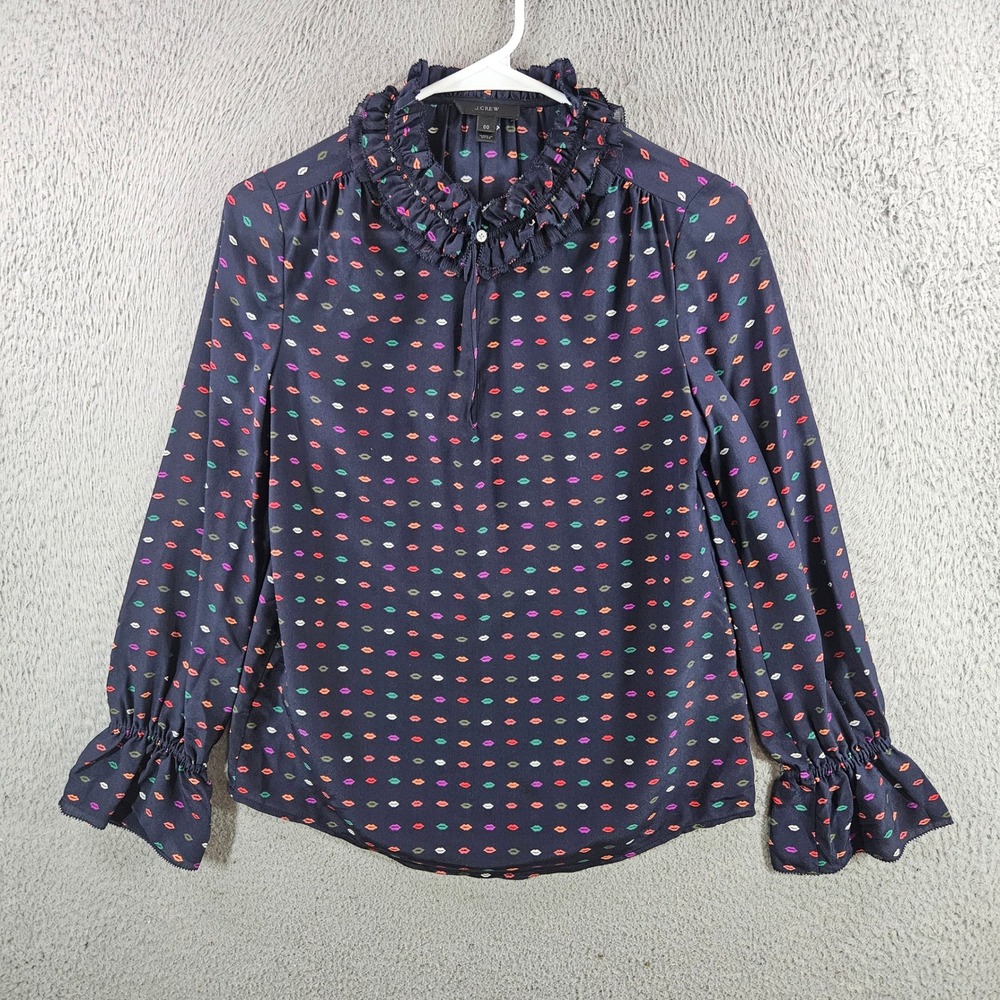 J.Crew Silk Ruffle Neck Blouse Navy Blue Multi Color Lip Print Long Sleeve 00